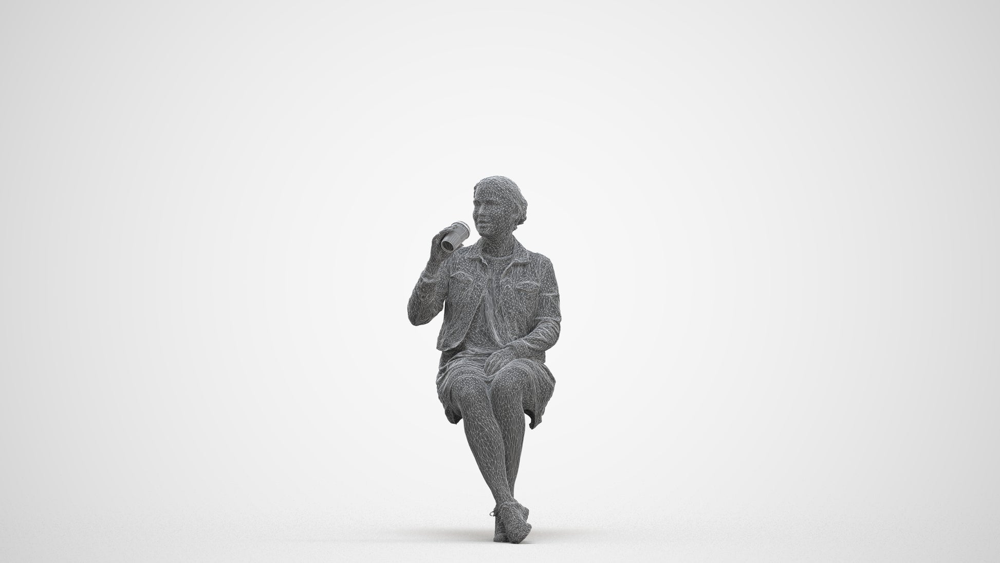 scanned 3D woman casual sitting, photogrammetry people for Enscape and V-Ray, three-quarter front view render