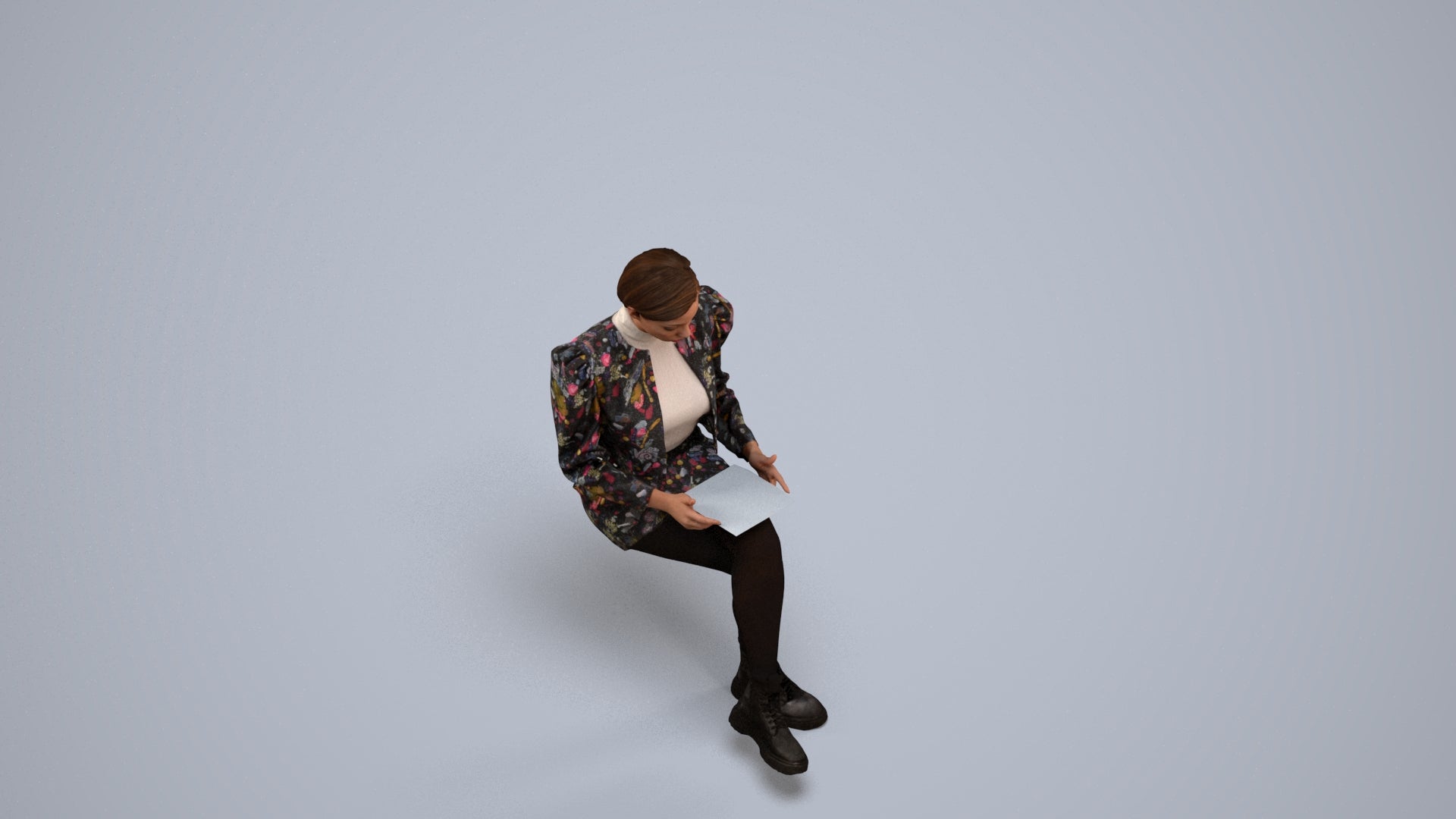 realistic 3D woman business sitting, scanned archviz people for Blender and 3ds Max, back view render