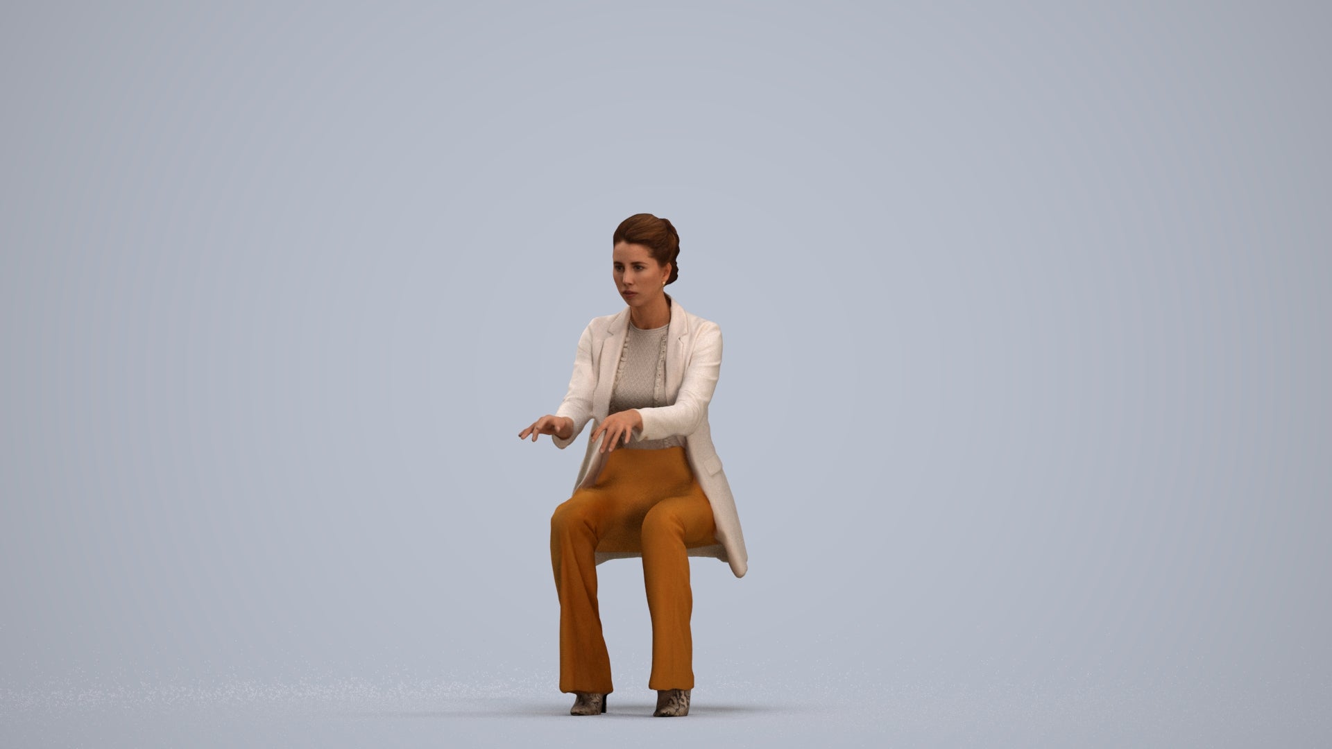 realistic 3D woman business sitting, scanned archviz people for Blender and 3ds Max, standing pose render