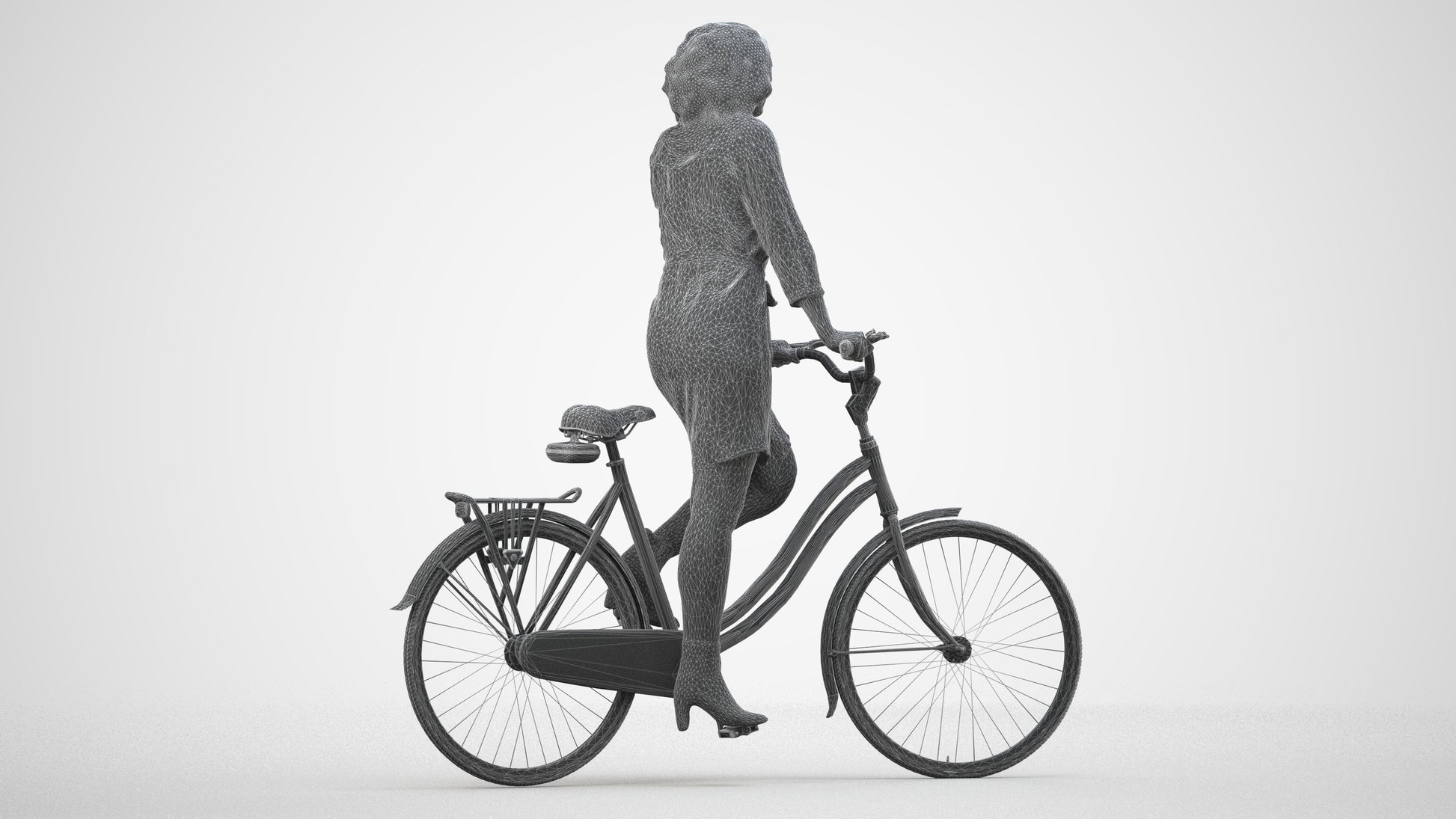 3D people model woman casual cycling, scanned human for 3ds Max rendering, wireframe side view