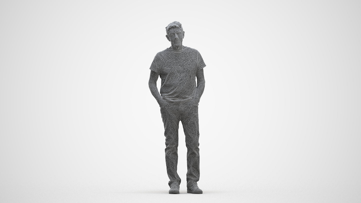 3D human model senior man casual standing, photogrammetry scanned person for archviz, three-quarter front view render
