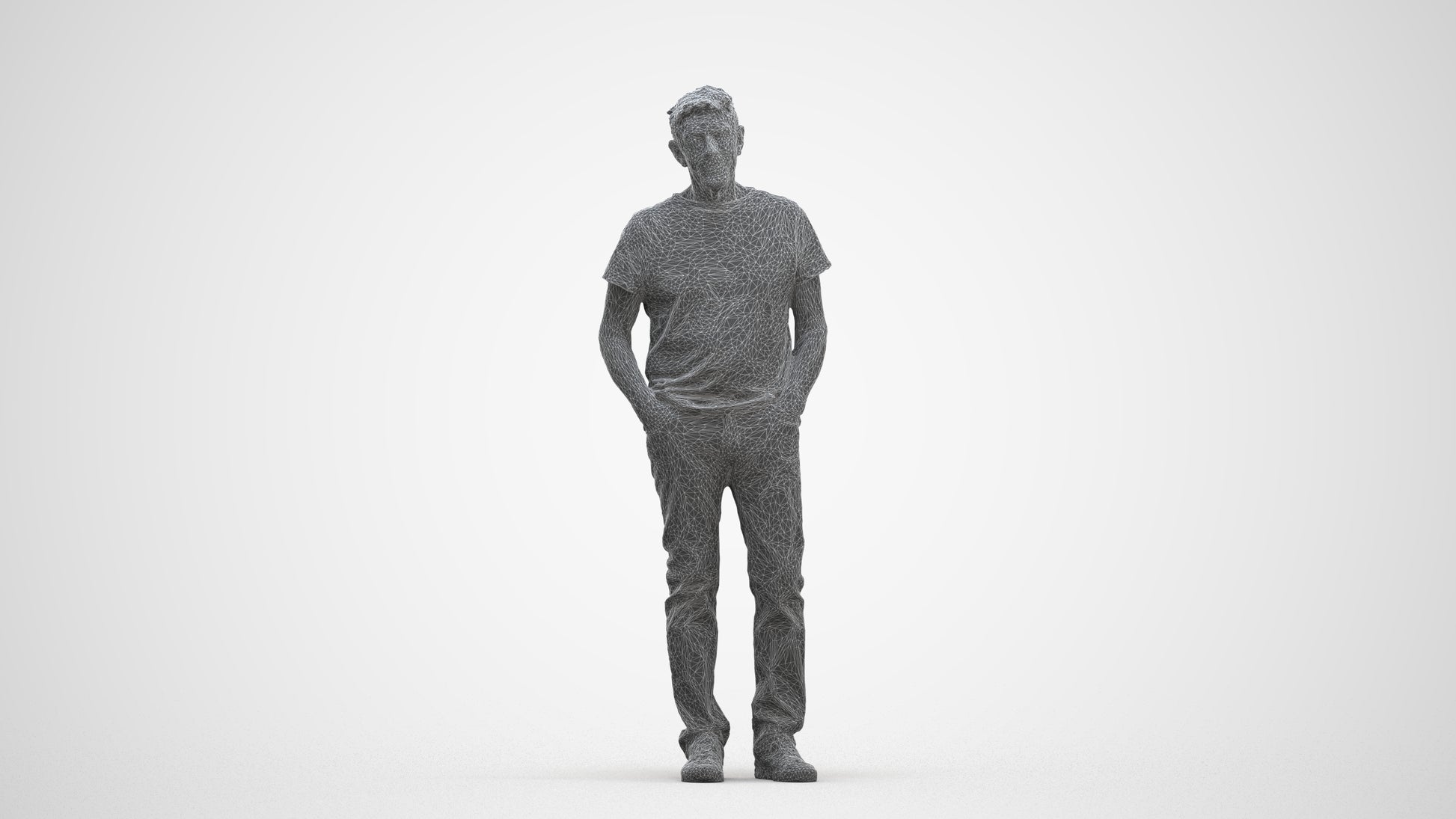 3D human model senior man casual standing, photogrammetry scanned person for archviz, three-quarter front view render
