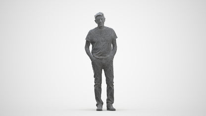 3D human model senior man casual standing, photogrammetry scanned person for archviz, three-quarter front view render