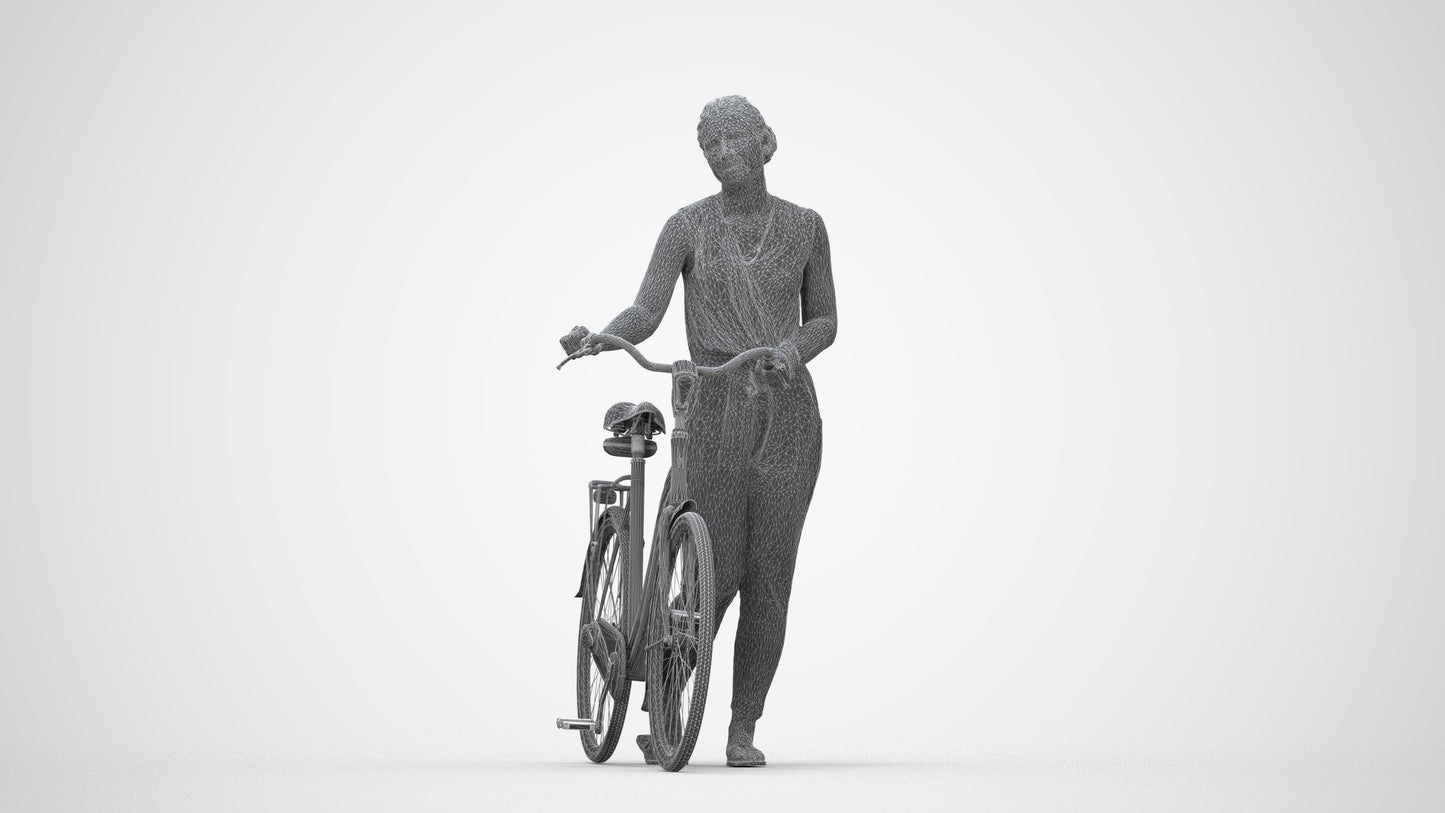 3D people model woman casual cycling, scanned human for 3ds Max rendering, wireframe back view