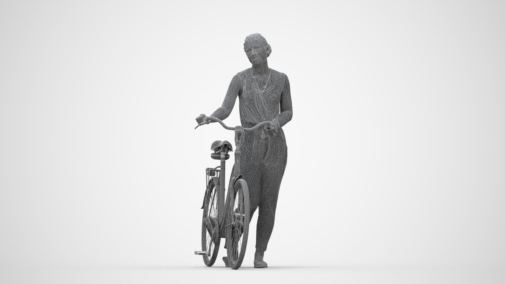 3D people model woman casual cycling, scanned human for 3ds Max rendering, wireframe back view