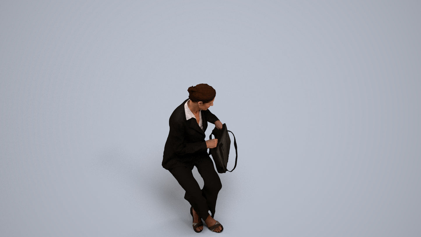 3D human model senior woman business sitting, photogrammetry scanned person for archviz, back view render