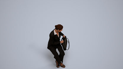 3D human model senior woman business sitting, photogrammetry scanned person for archviz, back view render