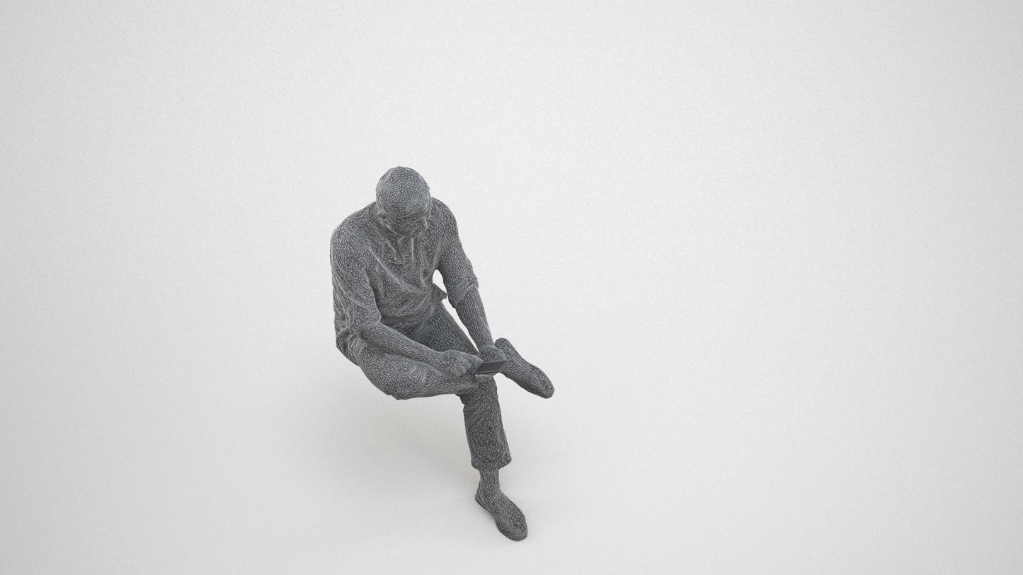 scanned 3D man casual sitting, photogrammetry people for Enscape and V-Ray, wireframe three-quarter view