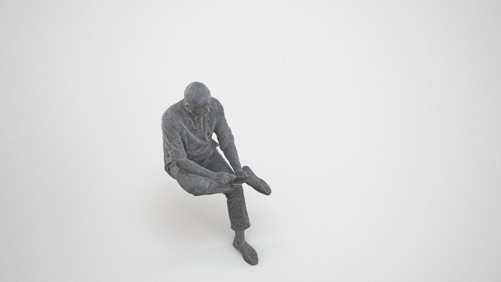 scanned 3D man casual sitting, photogrammetry people for Enscape and V-Ray, wireframe three-quarter view