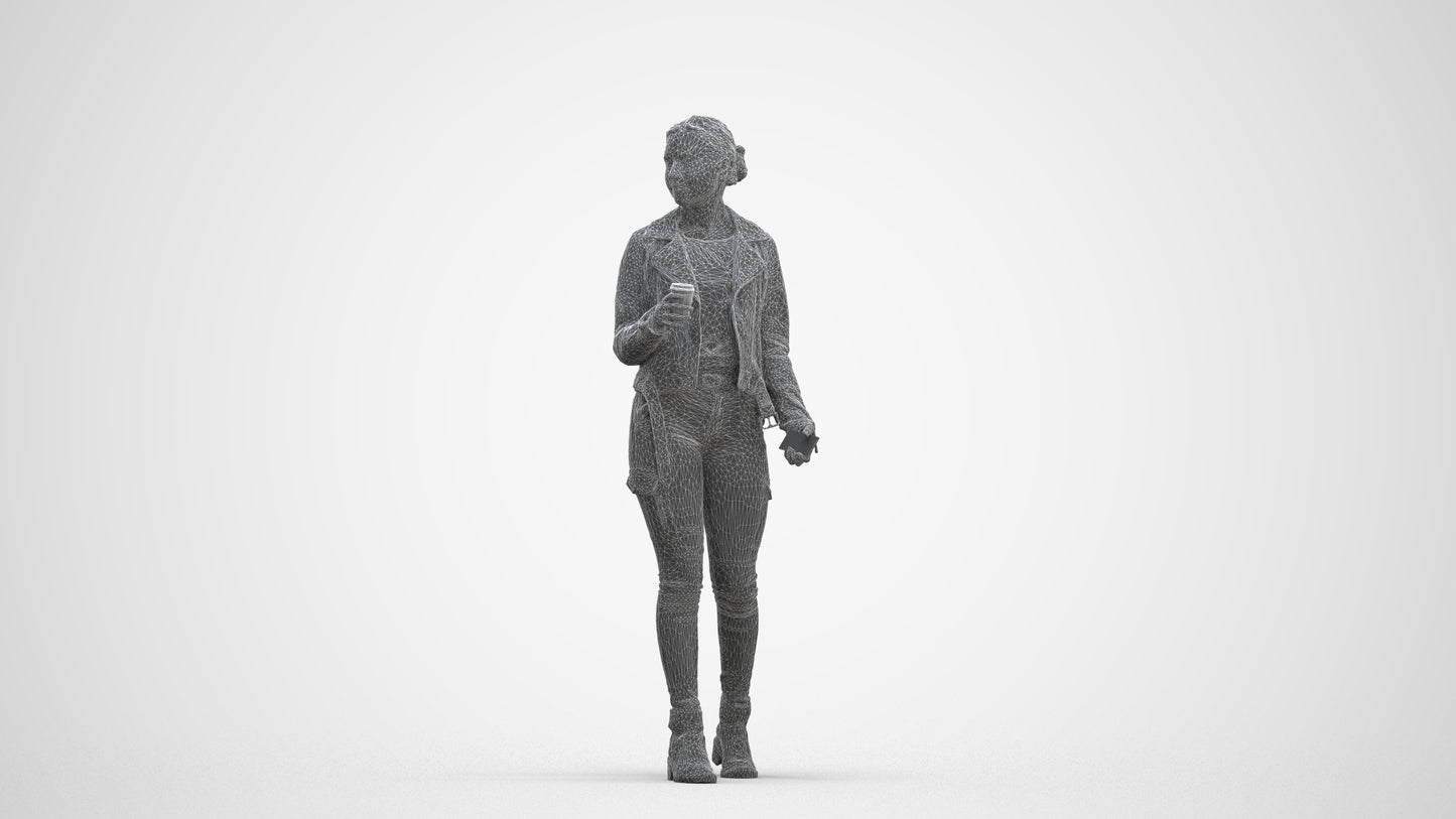 realistic 3D human woman casual walking, archviz people FBX OBJ for Blender, three-quarter front view render