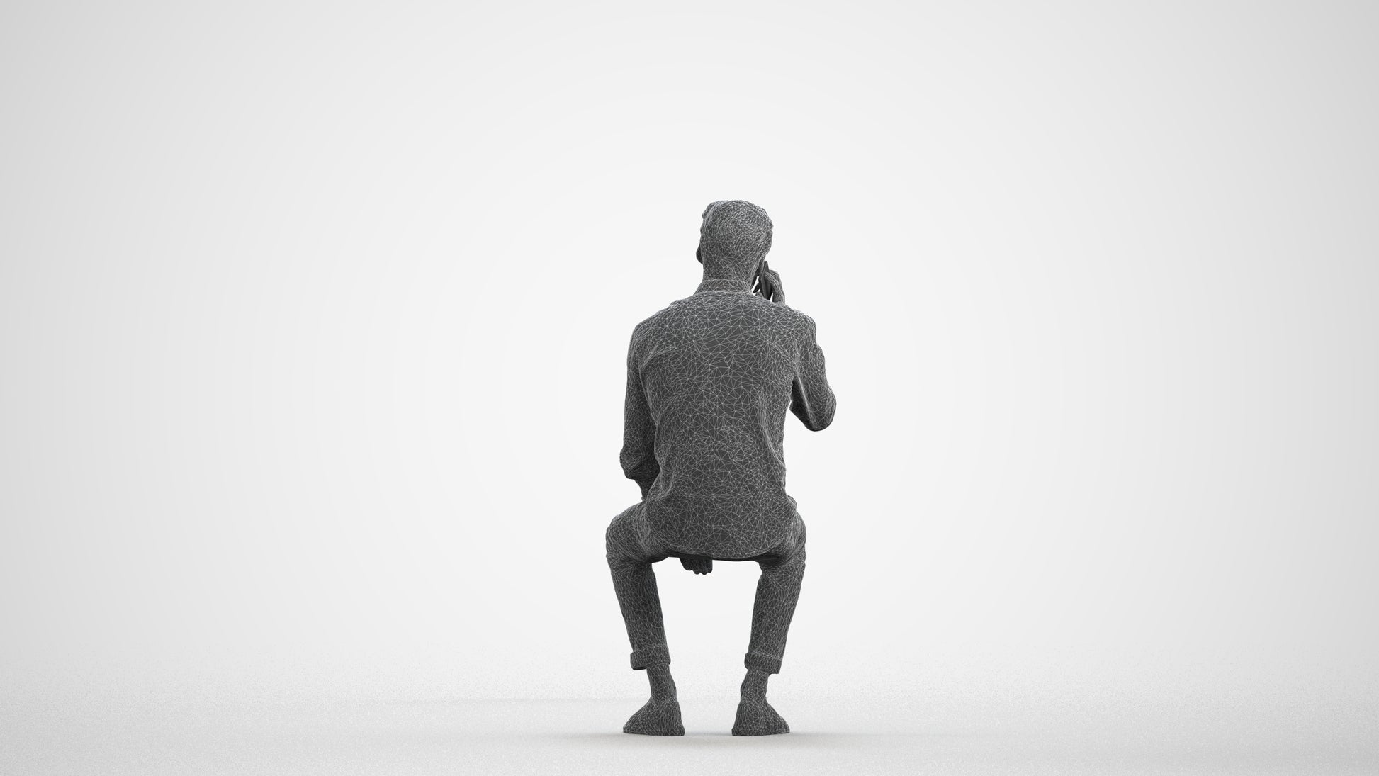 3D people model man casual sitting, scanned human for 3ds Max rendering, wireframe front view