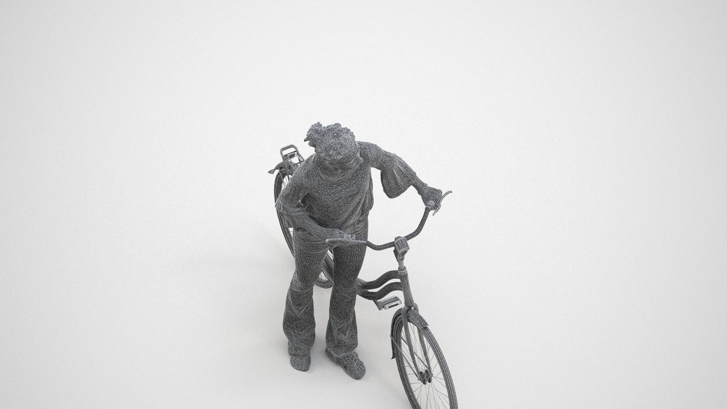 realistic 3D people woman casual cycling, render-ready for V-Ray and Corona, FBX OBJ, wireframe three-quarter view