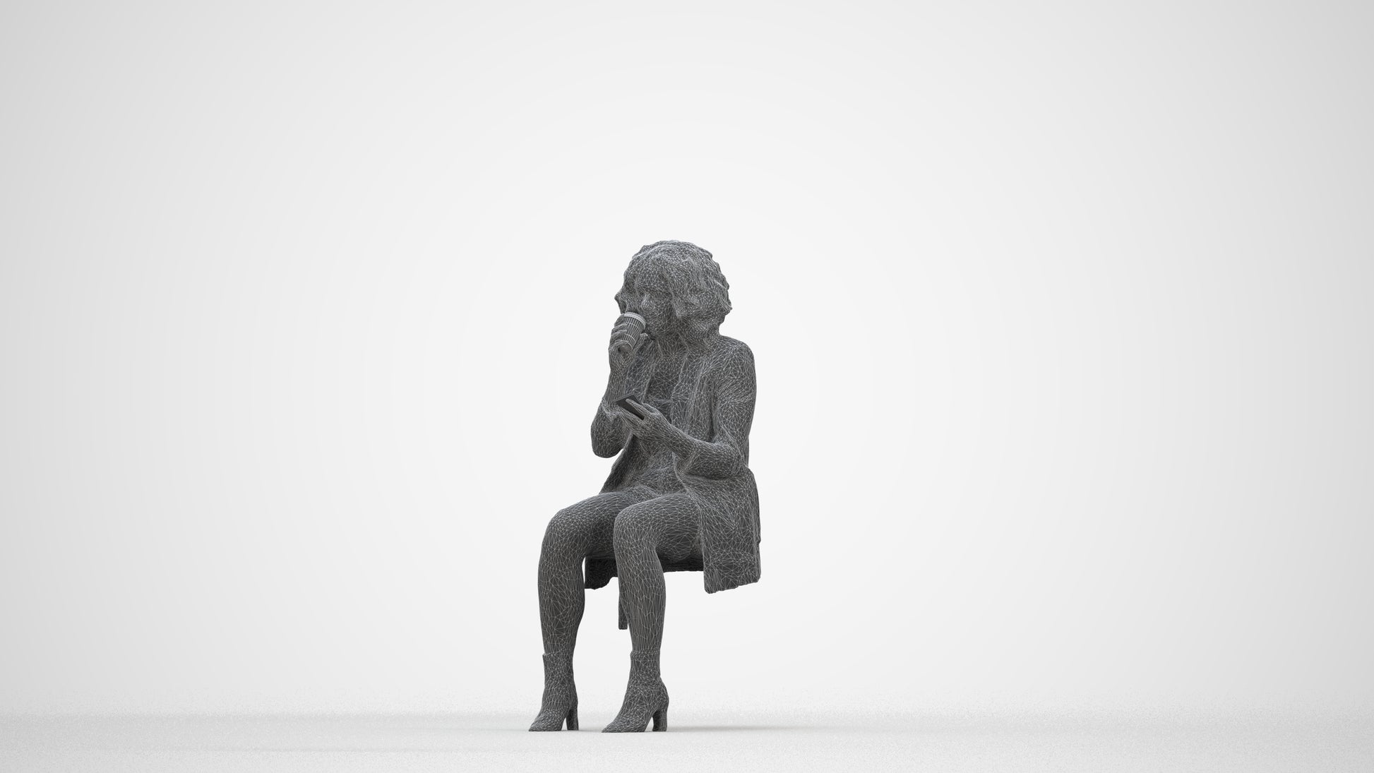 3D people model woman business sitting, scanned human for 3ds Max rendering, wireframe back view