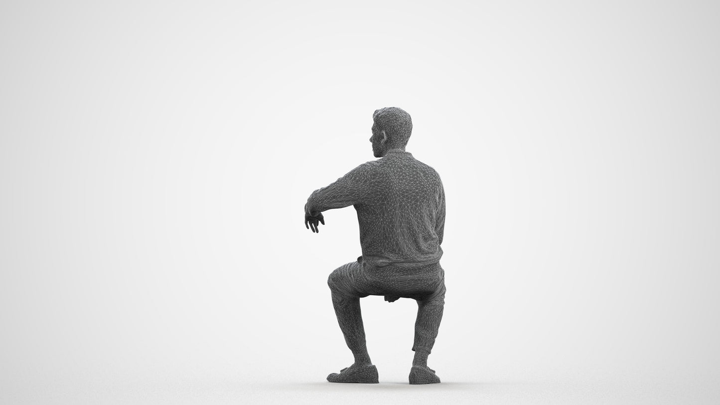 photogrammetry 3D man casual sitting, realistic human model archviz FBX, wireframe front view