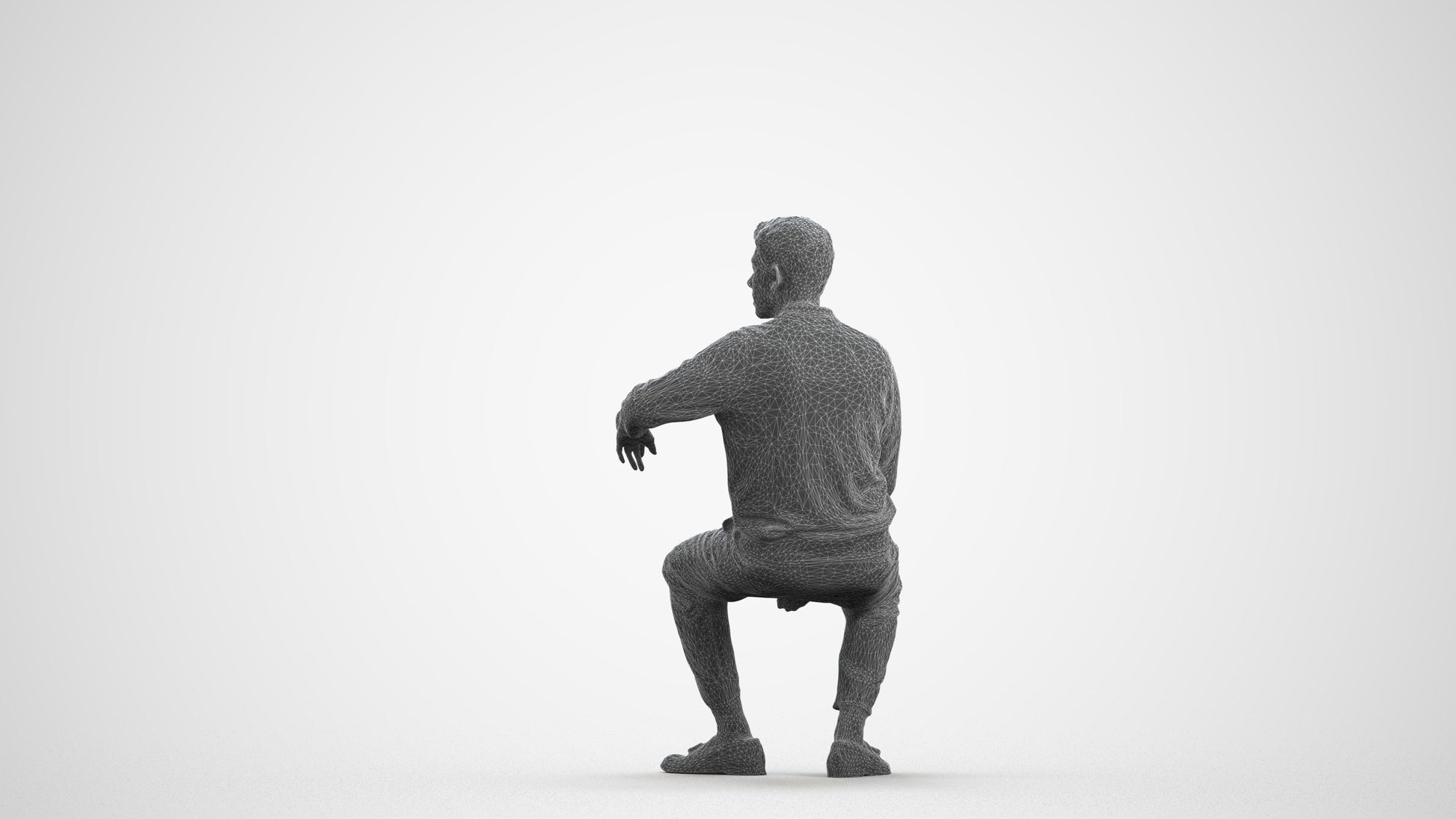 photogrammetry 3D man casual sitting, realistic human model archviz FBX, wireframe front view