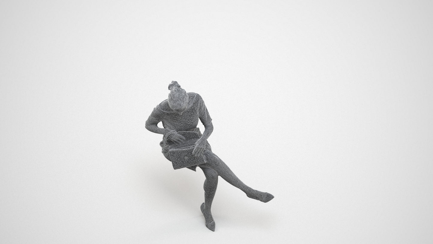 scanned 3D woman casual sitting, photogrammetry people for Enscape and V-Ray, wireframe three-quarter view