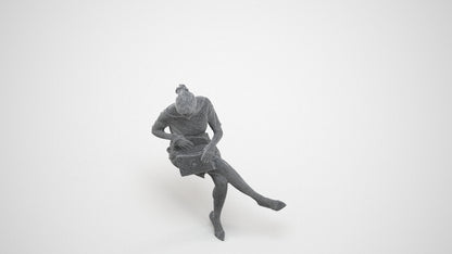 scanned 3D woman casual sitting, photogrammetry people for Enscape and V-Ray, wireframe three-quarter view
