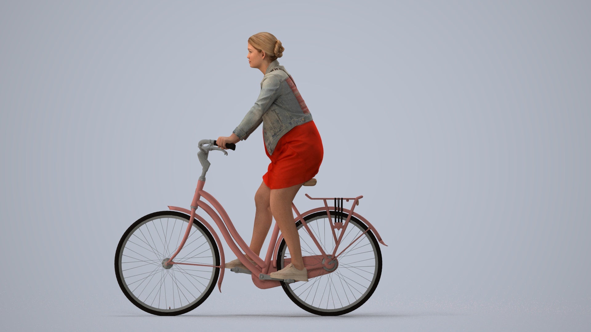 realistic 3D people woman casual cycling, render-ready for V-Ray and Corona, FBX OBJ, three-quarter view render