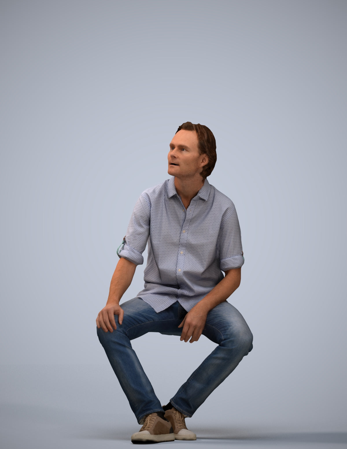 3D scanned man sitting casual, photorealistic archviz people for Enscape and SketchUp