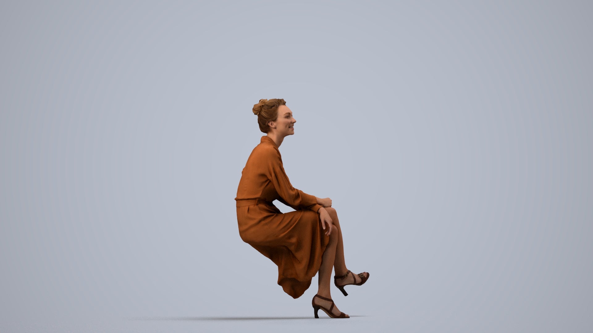 scanned 3D woman casual sitting, photogrammetry people for Enscape and V-Ray, side view render
