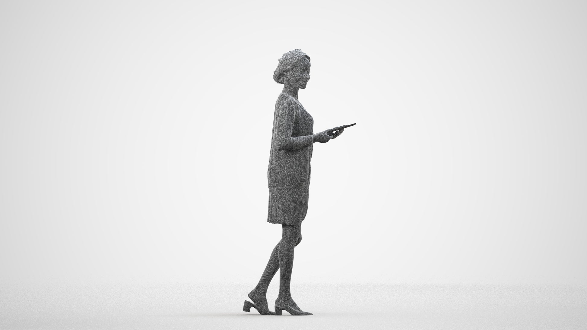 realistic 3D people woman business standing, render-ready for V-Ray and Corona, FBX OBJ, wireframe side view