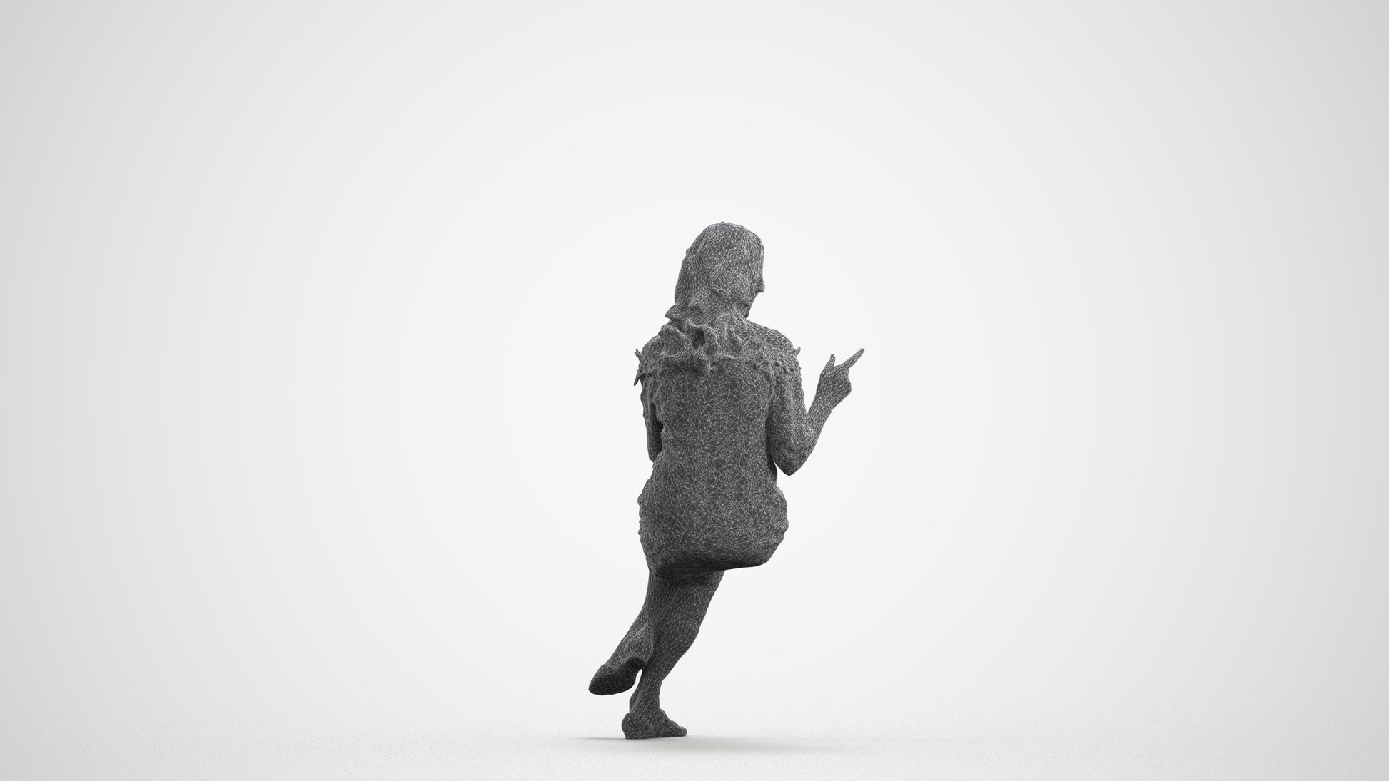 3D human model senior woman casual sitting, photogrammetry scanned person for archviz, wireframe front view