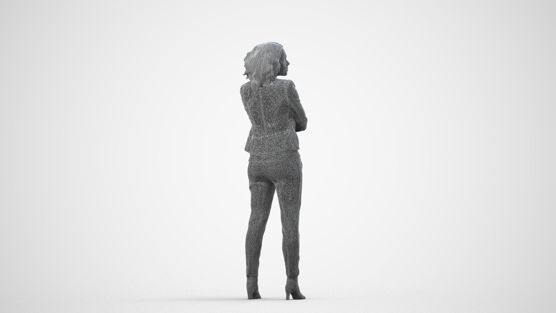 scanned 3D woman business standing, photogrammetry people for Enscape and V-Ray, wireframe side view