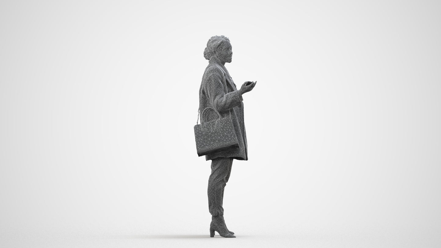 photogrammetry 3D woman business standing, realistic human model archviz FBX, wireframe side view