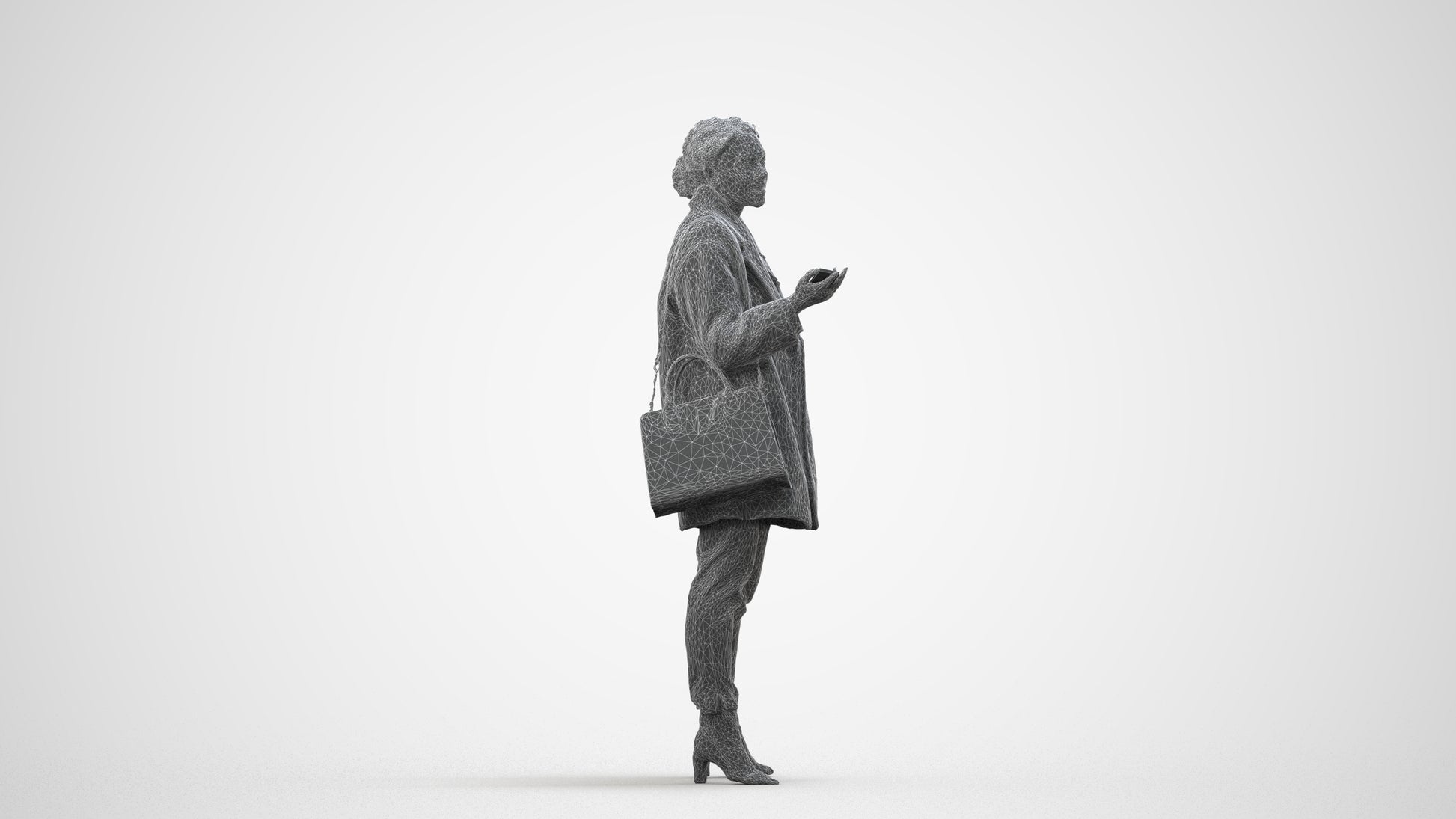 photogrammetry 3D woman business standing, realistic human model archviz FBX, wireframe side view