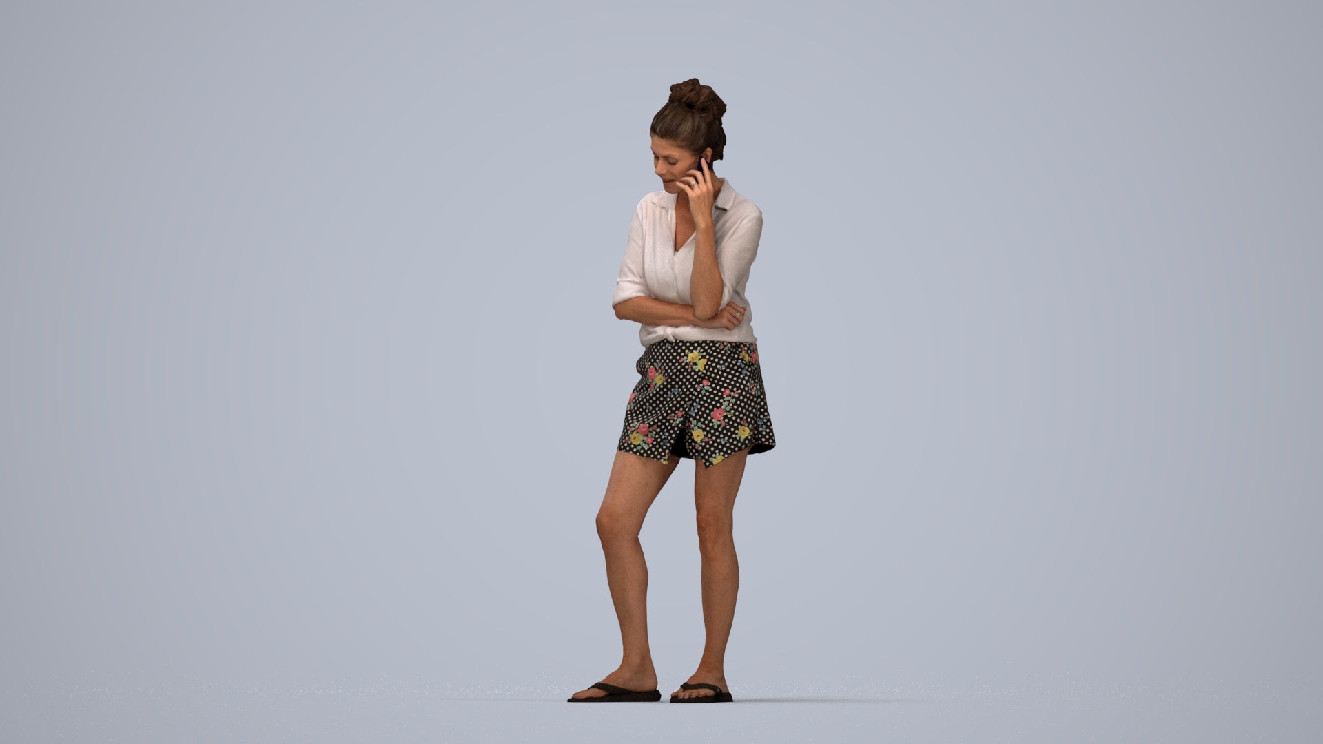realistic 3D human woman casual standing, archviz people FBX OBJ for Blender, top-down view render