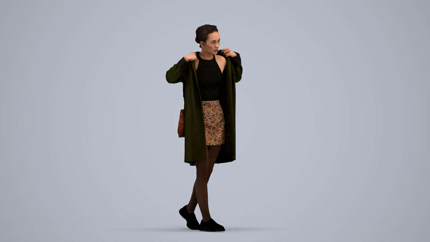 3D human model woman casual walking, photogrammetry scanned person for archviz, standing pose render