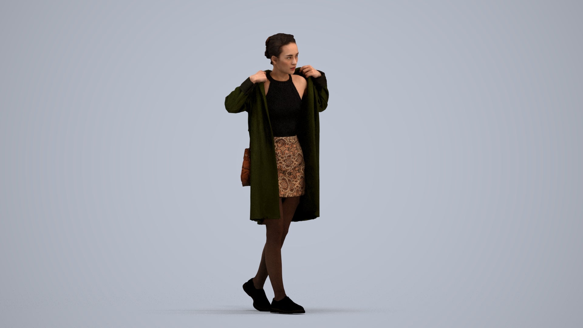 3D human model woman casual walking, photogrammetry scanned person for archviz, standing pose render