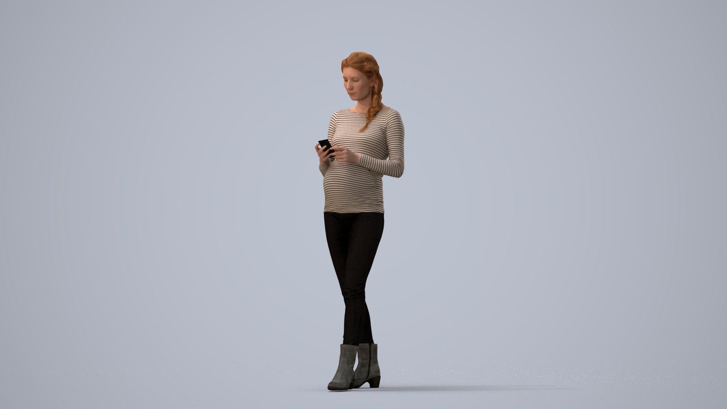 3D scanned woman standing casual, photorealistic archviz people for Enscape and SketchUp, three-quarter view render