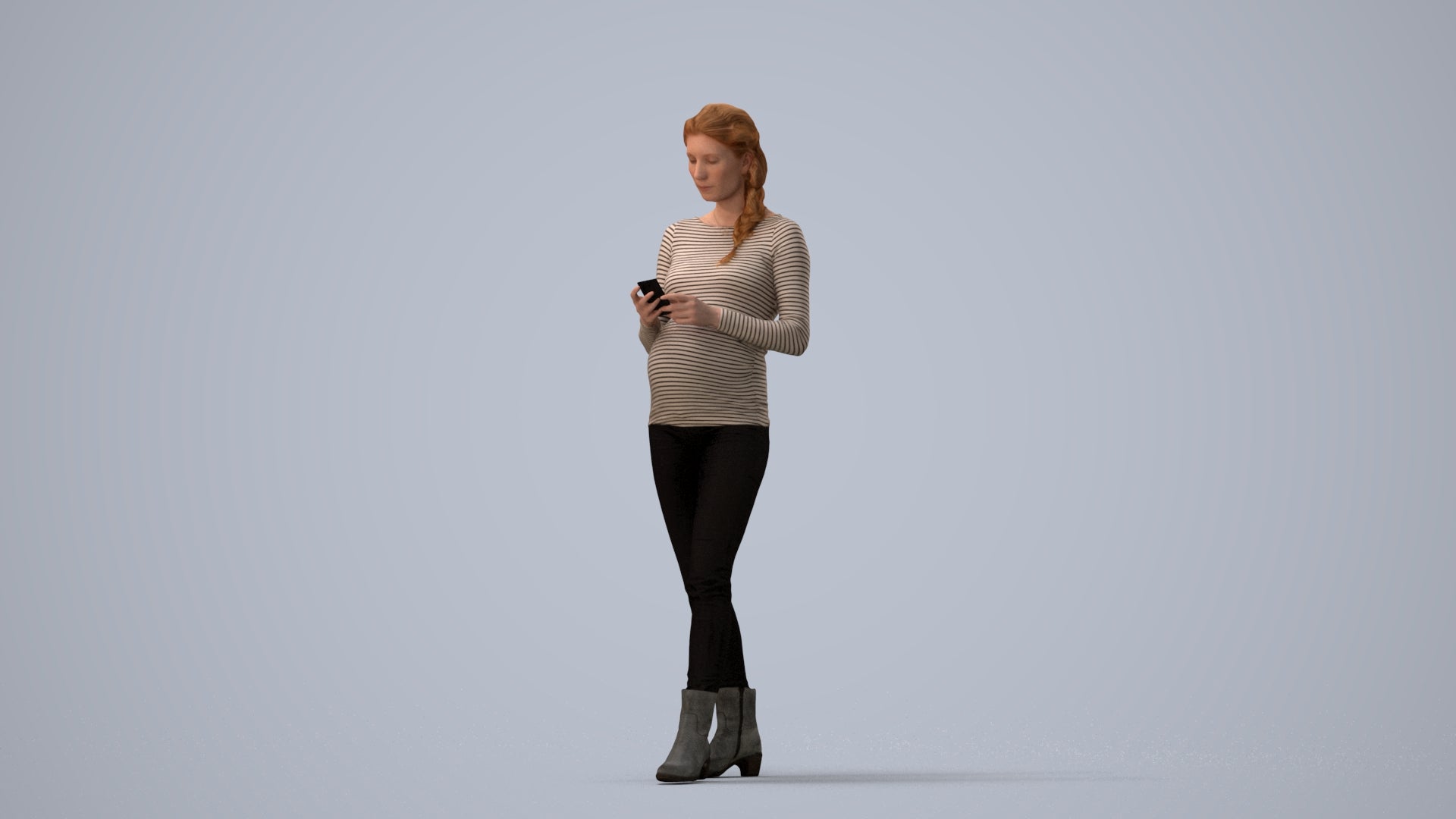 3D scanned woman standing casual, photorealistic archviz people for Enscape and SketchUp, three-quarter view render