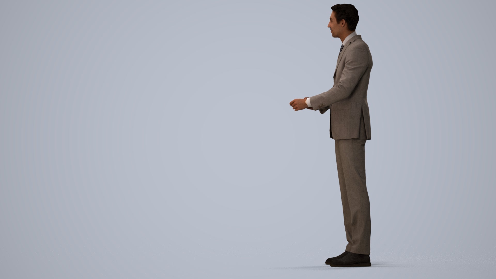 3D human model man business, photogrammetry scanned person for archviz, three-quarter view render