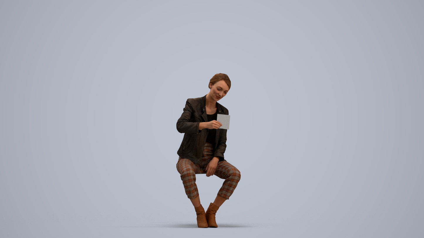 realistic 3D woman business sitting, scanned archviz people for Blender and 3ds Max, standing pose render