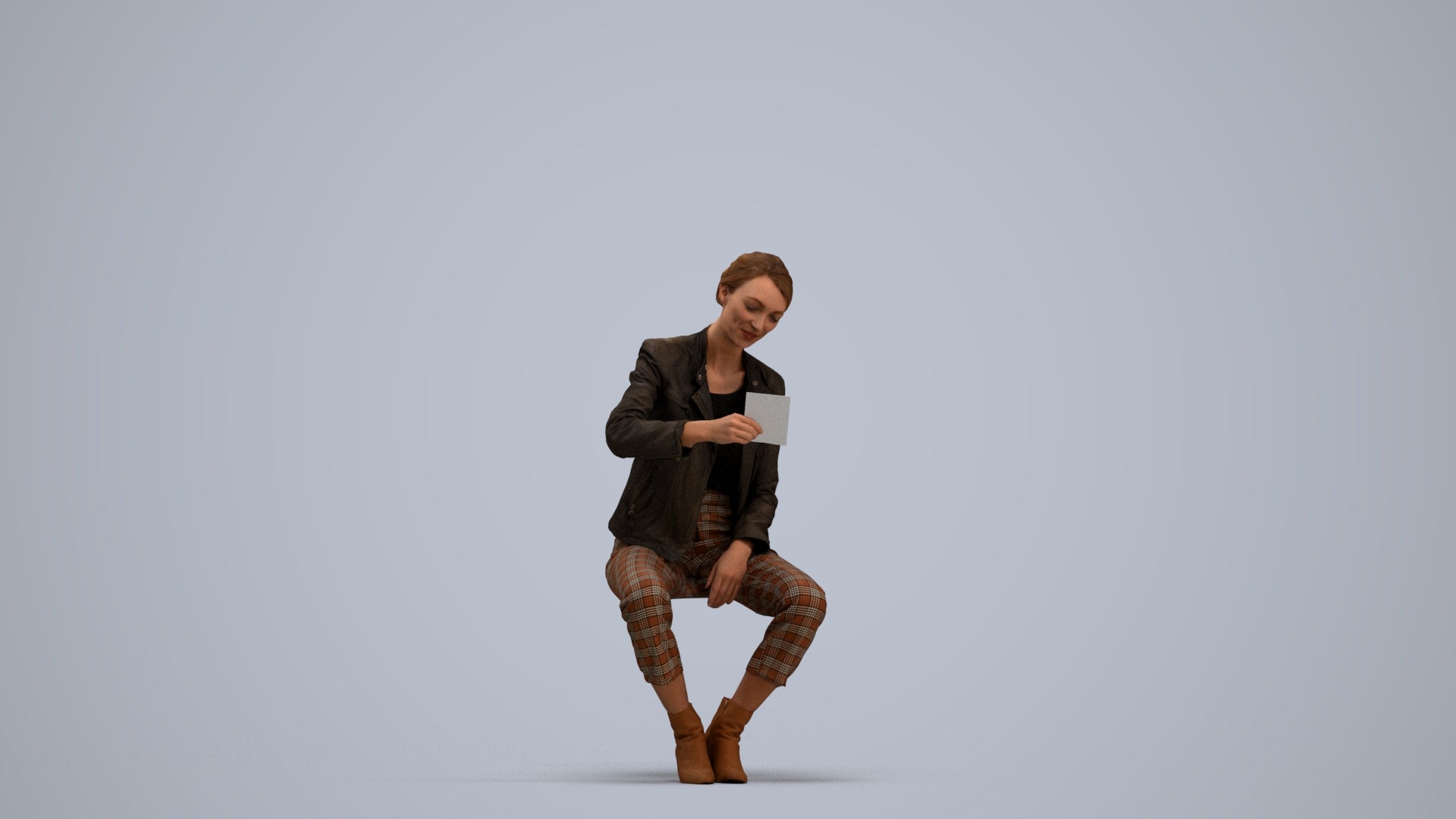 realistic 3D woman business sitting, scanned archviz people for Blender and 3ds Max, standing pose render