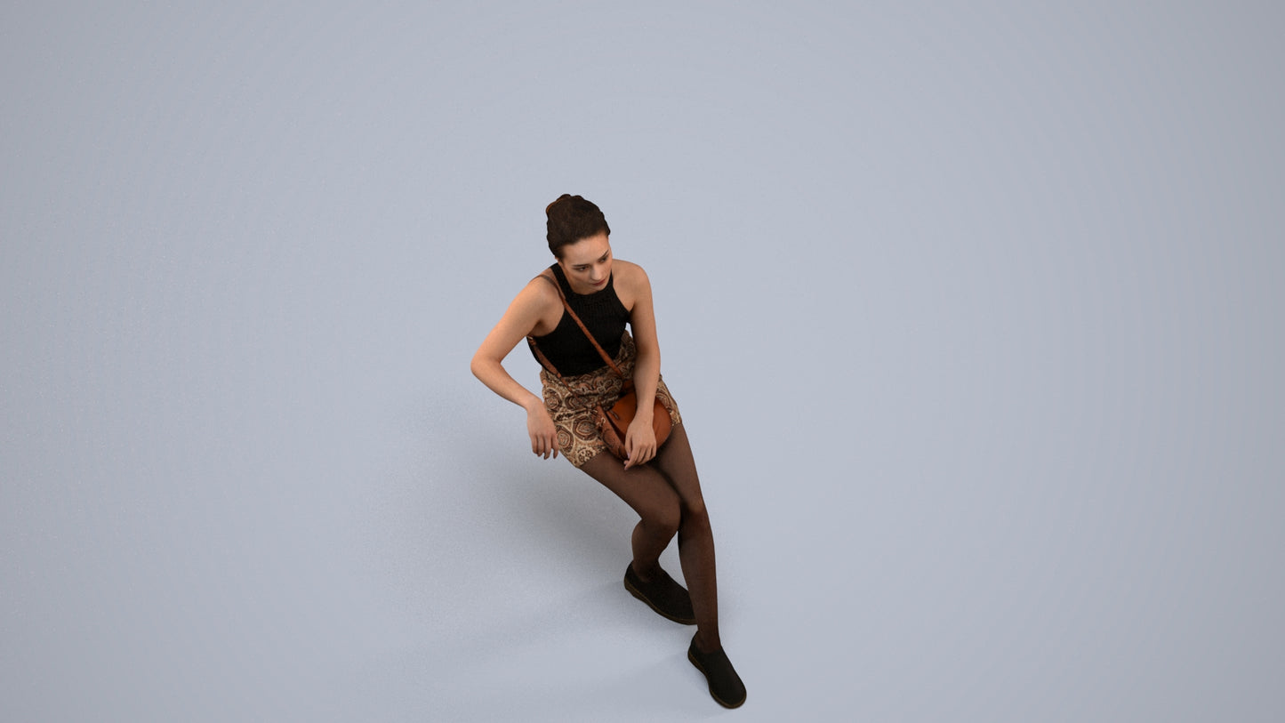 photogrammetry 3D woman casual sitting, realistic human model archviz FBX, back view render