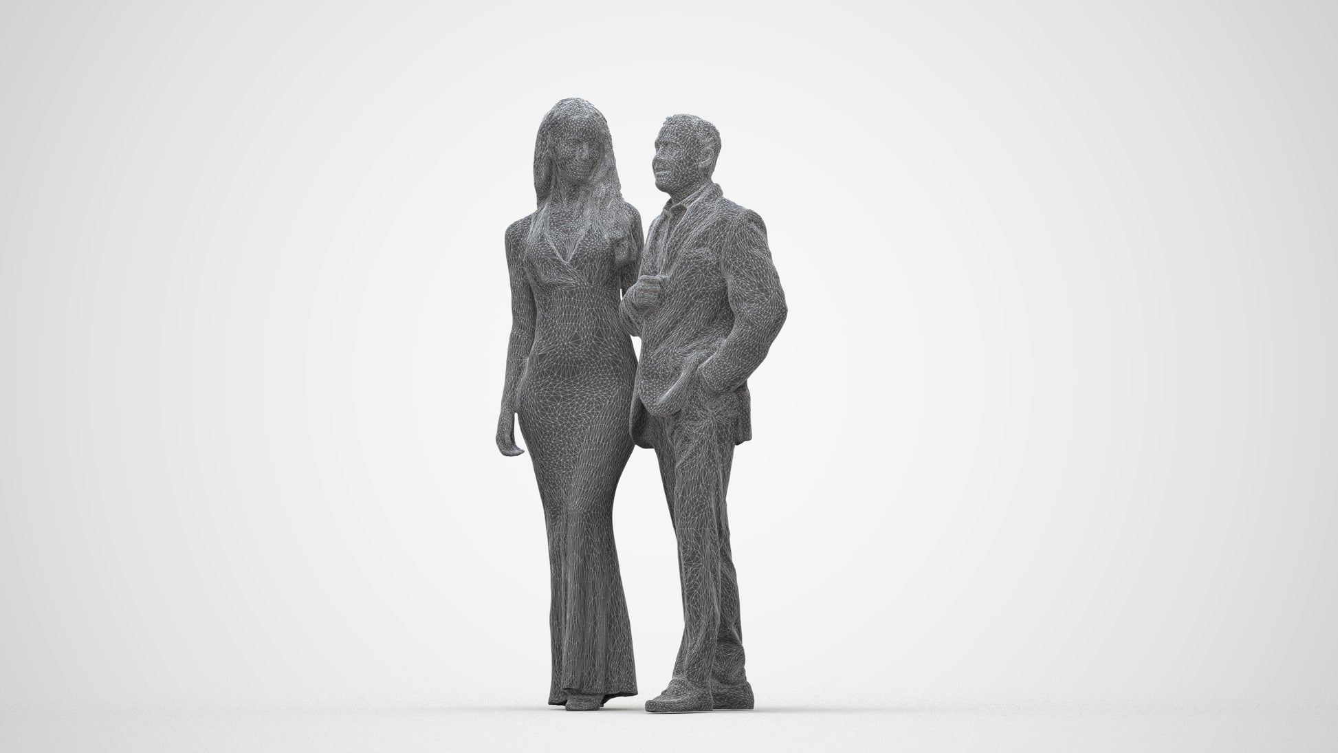 3D human model woman formal couple, photogrammetry scanned person for archviz, wireframe back view
