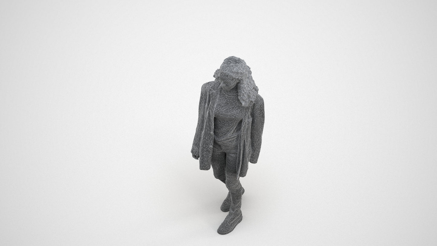 scanned 3D woman casual walking, photogrammetry people for Enscape and V-Ray, wireframe three-quarter view