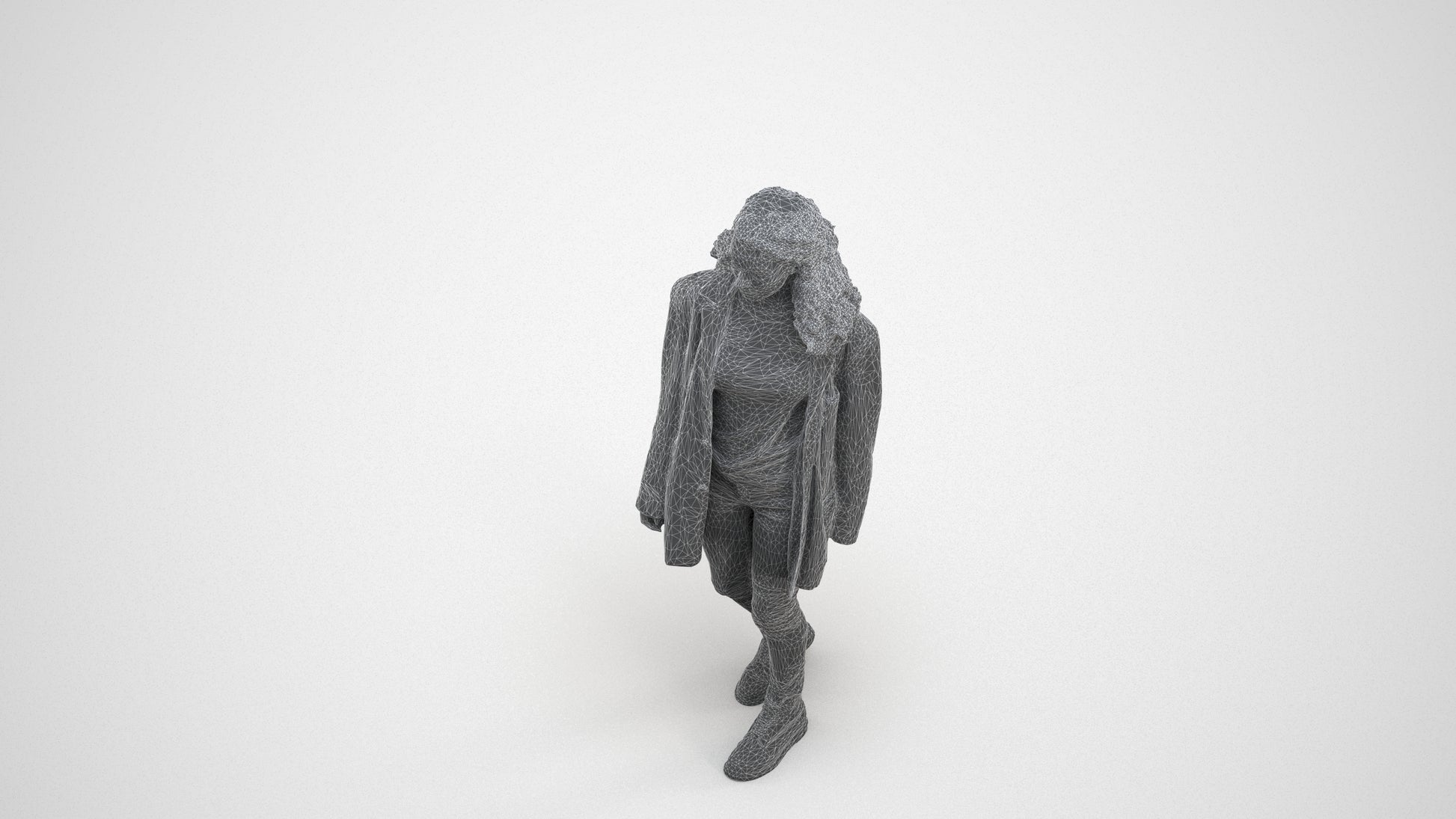 scanned 3D woman casual walking, photogrammetry people for Enscape and V-Ray, wireframe three-quarter view