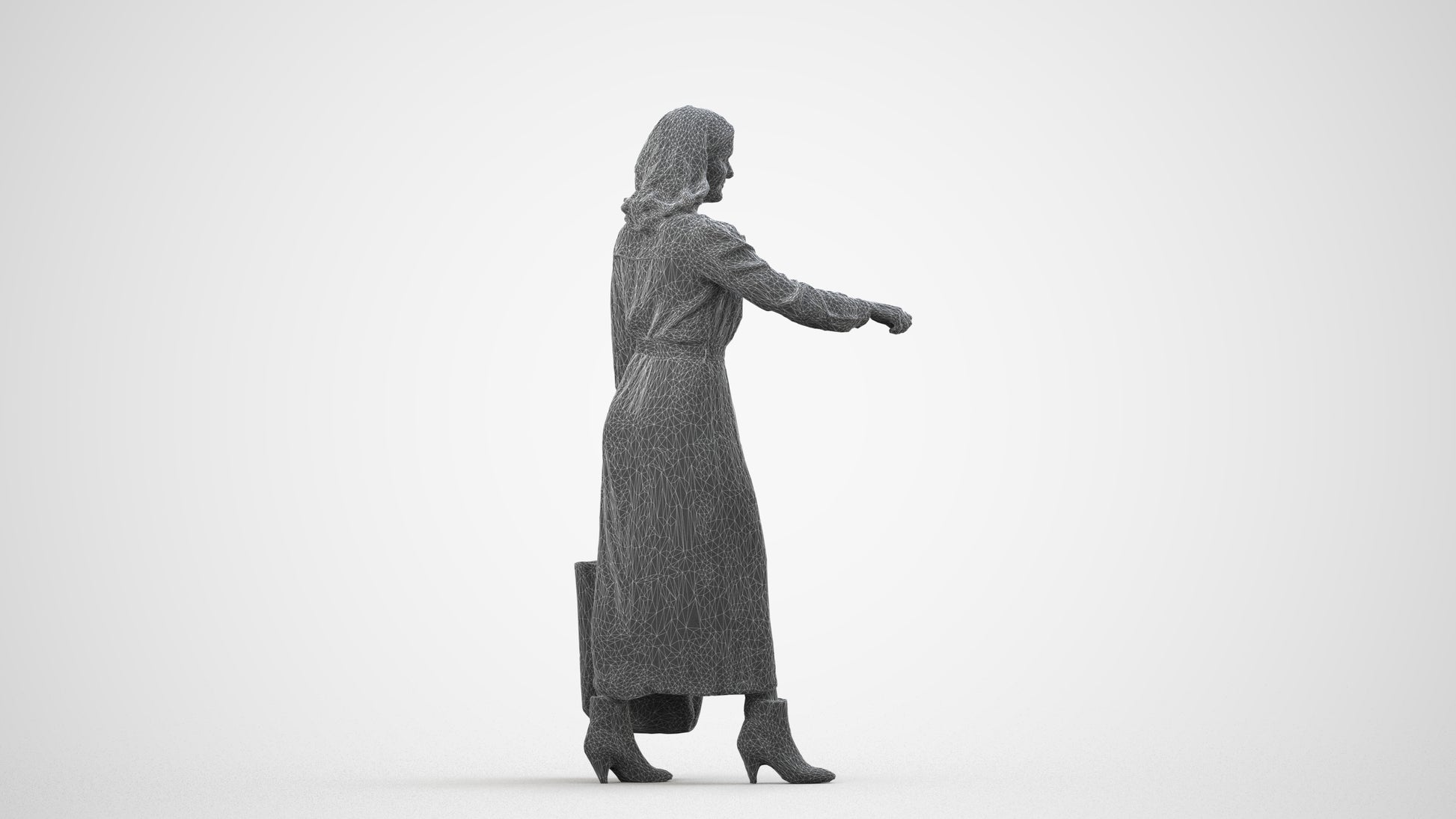 realistic 3D woman casual door, scanned archviz people for Blender and 3ds Max, wireframe side view