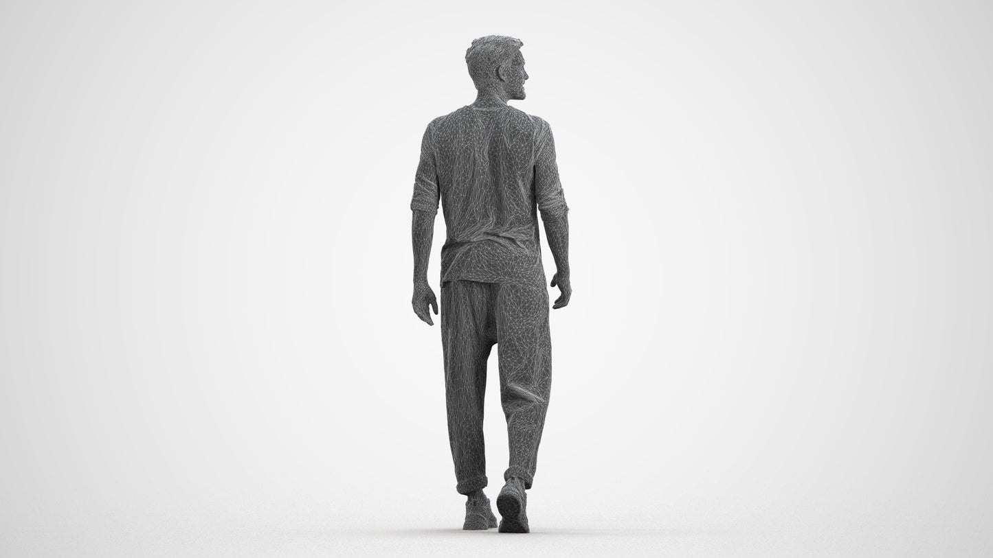realistic 3D human man casual walking, archviz people FBX OBJ for Blender, wireframe front view