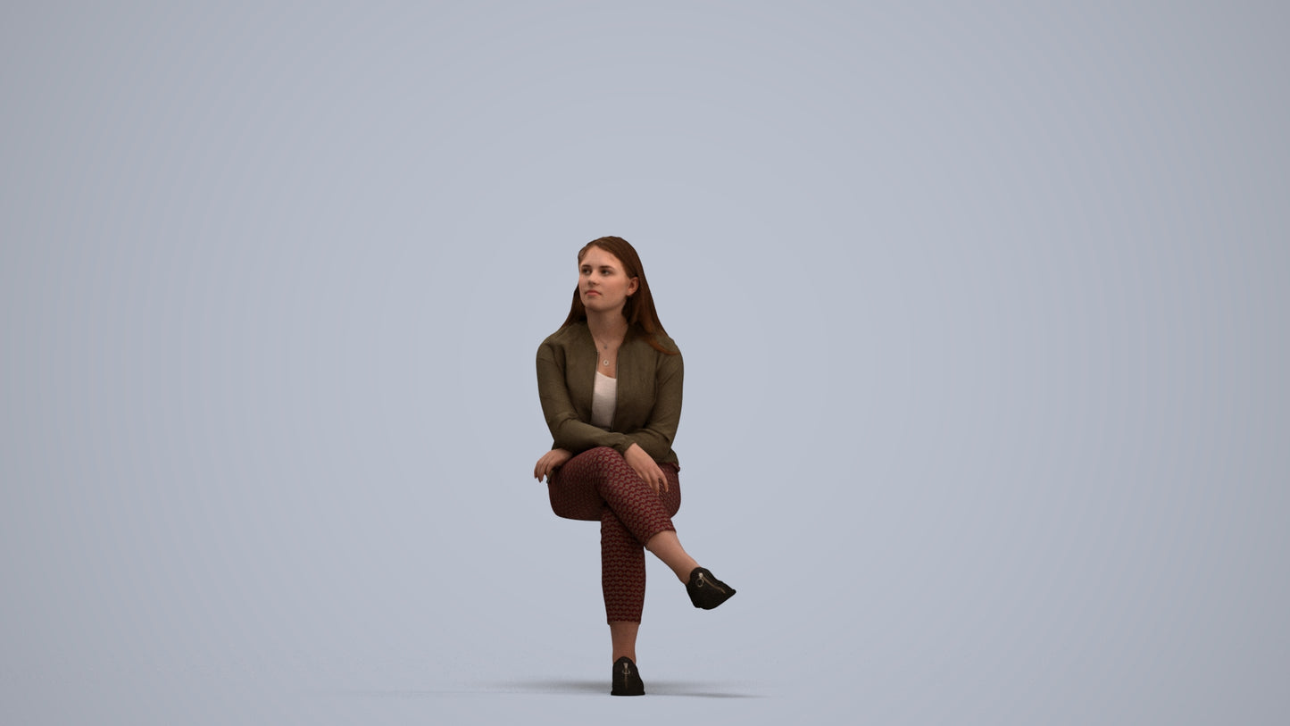 3D human model woman casual sitting, photogrammetry scanned person for archviz, standing pose render