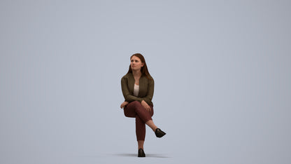 3D human model woman casual sitting, photogrammetry scanned person for archviz, standing pose render