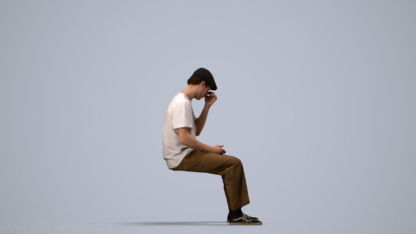 3D people model man casual sitting, scanned human for 3ds Max rendering, side view render