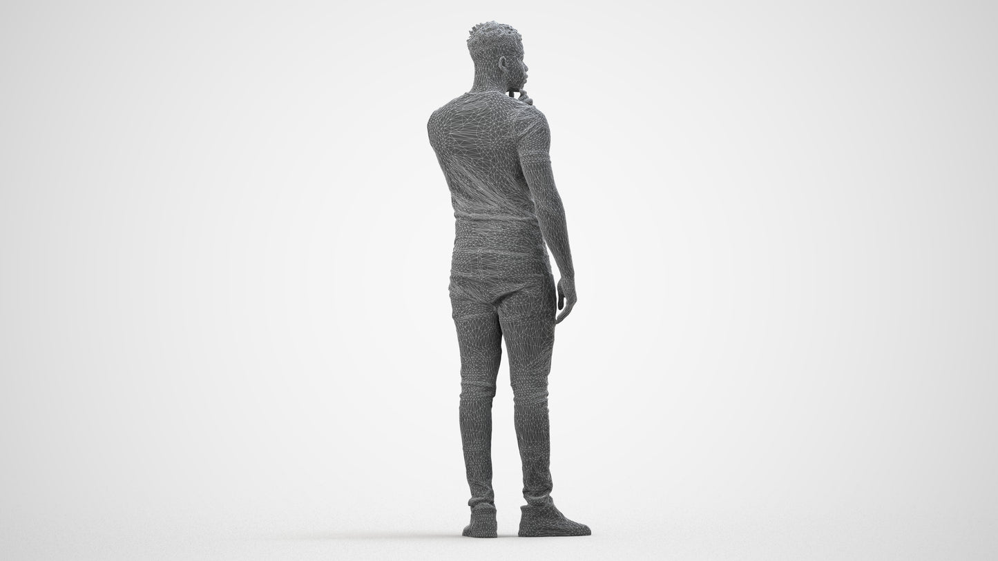 3D human model man casual standing, photogrammetry scanned person for archviz, wireframe side view