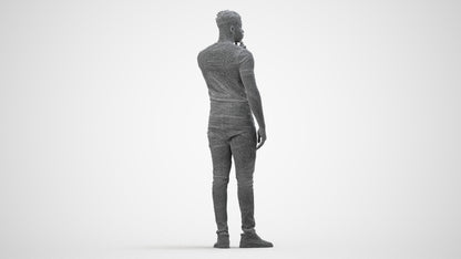 3D human model man casual standing, photogrammetry scanned person for archviz, wireframe side view