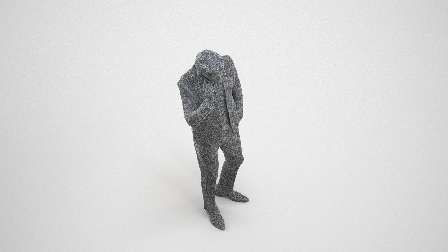 3D human model man business, photogrammetry scanned person for archviz, wireframe three-quarter view