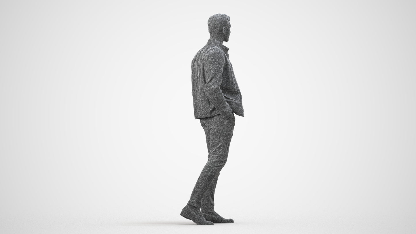 3D human model man casual walking, photogrammetry scanned person for archviz, wireframe side view